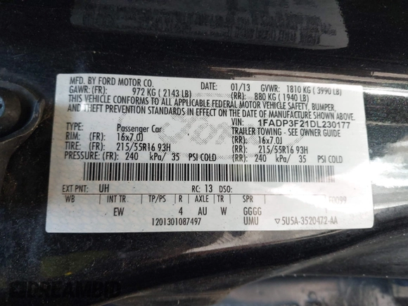 2013 Ford Focus SE with VIN 1FADP3F21DL230177, listed as a IAAI auction lot 42579815 with 243,525 mi miles and . Bid and sale history available at DreamBid. Image 9.