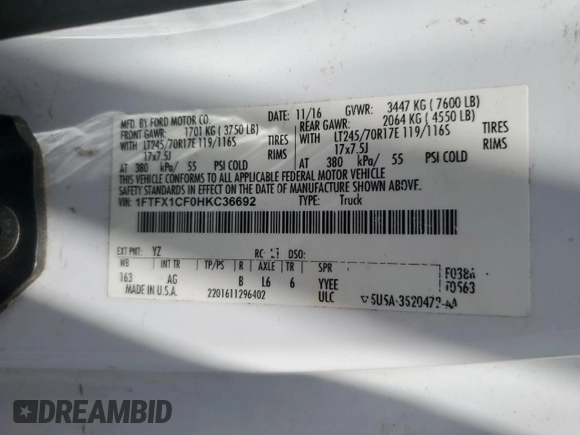 2017 Ford F-150 XL with VIN 1FTFX1CF0HKC36692, listed as a Copart auction lot 55098435 with 158,655 mi miles and Clean title. Bid and sale history available at DreamBid. Image 12.