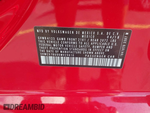 2019 Volkswagen Jetta S z VIN 3VWC57BUXKM029610, wystawiony jako IAAI lot #42334649 z przebiegiem 34 072 mil mil oraz . Historia ofert i sprzedaży dostępna na DreamBid. Obrazek 9.
