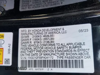2023 Honda Accord Sport with VIN 1HGCY2F59PA041172, listed as a Copart auction lot 56835455 with 16,638 mi miles and Salvage title. Bid and sale history available at DreamBid. Image 13.