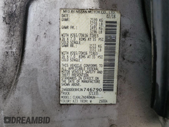 2018 Nissan Frontier SV with VIN 1N6DD0ER4JN746790, listed as a Copart auction lot 60073355 with 71,301 mi miles and Salvage title. Bid and sale history available at DreamBid. Image 12.