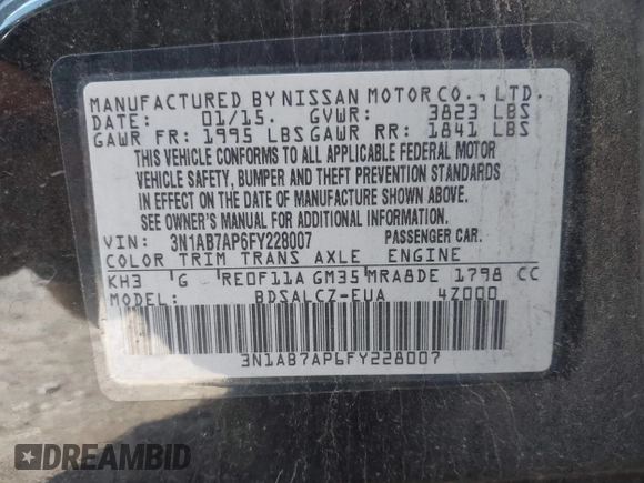 2015 Nissan Sentra SV with VIN 3N1AB7AP6FY228007, listed as a IAAI auction lot 41796893 with 114,552 mi miles and . Bid and sale history available at DreamBid. Image 9.