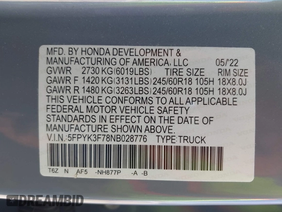 2022 Honda Ridgeline RTL-E z VIN 5FPYK3F78NB028776, wystawiony jako IAAI lot #42077805 z przebiegiem 22 971 mil mil oraz . Historia ofert i sprzedaży dostępna na DreamBid. Obrazek 9.