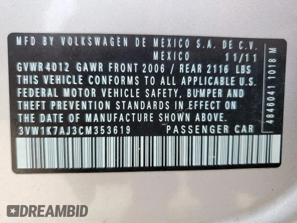 2012 Volkswagen Jetta S с VIN 3VW1K7AJ3CM353619, выставлен на аукционе Copart как лот 53984285 с пробегом 132 382 миль миль и Списание • Salvage title. История ставок и продаж доступна на DreamBid. Изображение 12.