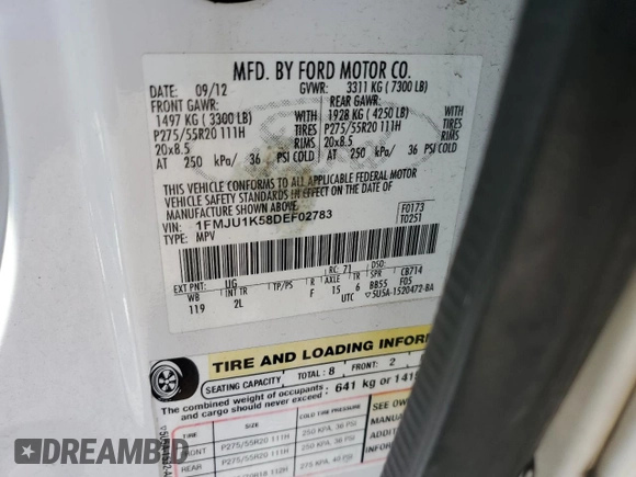 2013 Ford Expedition Limited с VIN 1FMJU1K58DEF02783, выставлен на аукционе Copart как лот 60091755 с пробегом 165 212 миль миль и Списание • Salvage title. История ставок и продаж доступна на DreamBid. Изображение 13.