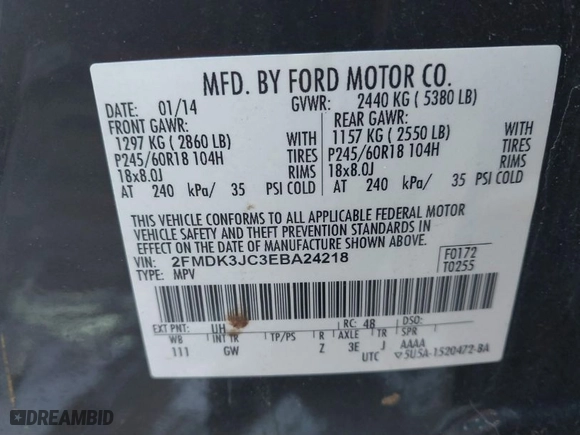 2014 Ford Edge SEL with VIN 2FMDK3JC3EBA24218, listed as a IAAI auction lot 41663252 with 65,628 mi miles. Bid and sale history available at carsss.com. Image 9.