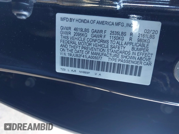 2020 Acura TLX w/Technology Pkg with VIN 19UUB2F41LA005077, listed as a IAAI auction lot 41817342 with 43,305 mi miles. Bid and sale history available at carsss.com. Image 9.