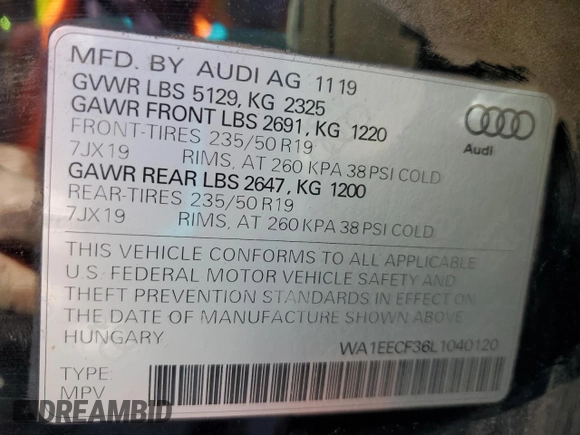 2020 Audi Q3 S line Premium Plus with VIN WA1EECF36L1040120, listed as a Copart auction lot 52399825 with 86,757 mi miles and Salvage title. Bid and sale history available at DreamBid. Image 13.