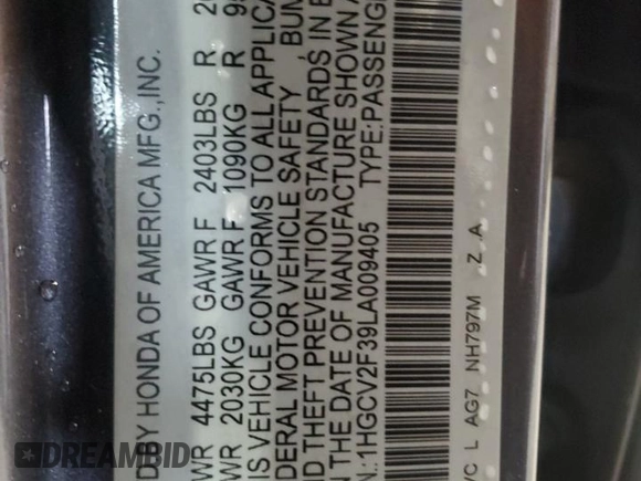 2020 Honda Accord Sport with VIN 1HGCV2F39LA009405, listed as a Copart auction lot 58902715 with 77,430 mi miles and Salvage title. Bid and sale history available at DreamBid. Image 12.