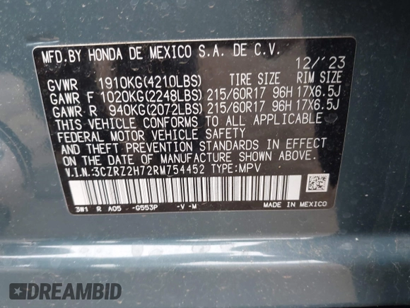 2024 Honda HR-V EX-L with VIN 3CZRZ2H72RM754452, listed as a IAAI auction lot 42082347 with 4,866 mi miles and . Bid and sale history available at DreamBid. Image 9.
