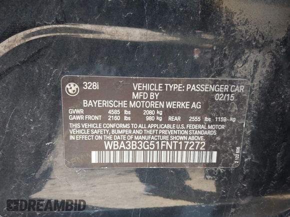 2015 BMW 3 Series 328i xDrive with VIN WBA3B3G51FNT17272, listed as a IAAI auction lot 41961948 with 151,532 mi miles and . Bid and sale history available at DreamBid. Image 9.