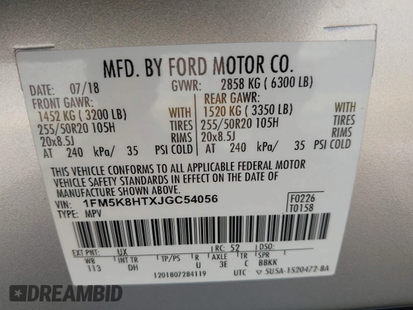 2018 Ford Explorer Platinum z VIN 1FM5K8HTXJGC54056, wystawiony jako IAAI lot #42234089 z przebiegiem 96 555 mil mil oraz . Historia ofert i sprzedaży dostępna na DreamBid. Obrazek 9.