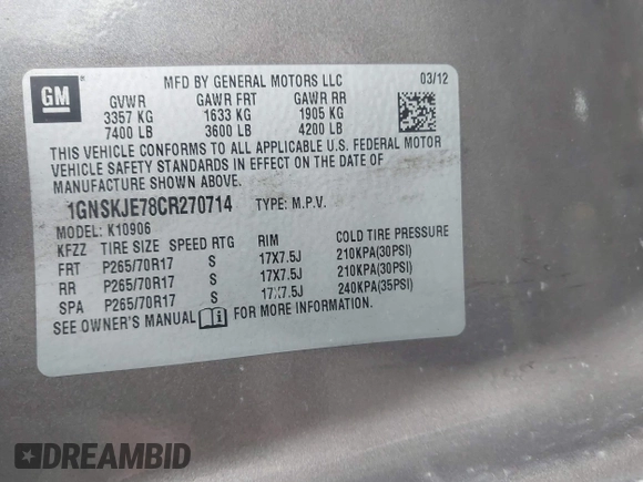 2012 Chevrolet Suburban LT with VIN 1GNSKJE78CR270714, listed as a IAAI auction lot 42210716 with 276,882 mi miles and . Bid and sale history available at DreamBid. Image 9.