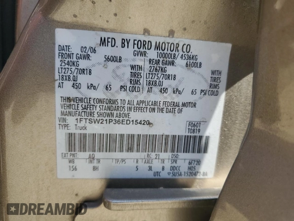 2006 Ford F-250 XL with VIN 1FTSW21P36ED15420, listed as a Copart auction lot 61687825 with 148,147 mi miles and Salvage title. Bid and sale history available at DreamBid. Image 13.