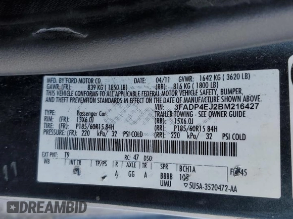 2011 Ford Fiesta SE with VIN 3FADP4EJ2BM216427, listed as a Copart auction lot 45675505 with 1 mi miles and Salvage Title. Bid and sale history available at carsss.com. Image 12.