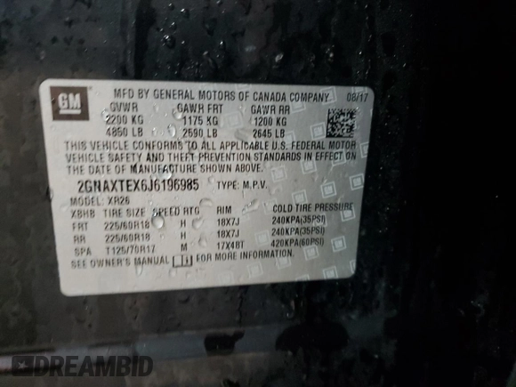 2018 Chevrolet Equinox LT with VIN 2GNAXTEX6J6196985, listed as a Copart auction lot 47667415 with 96,367 mi miles and Salvage Title. Bid and sale history available at carsss.com. Image 13.