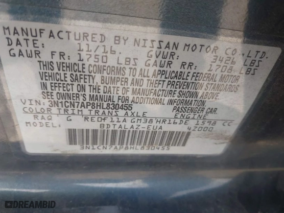 2017 Nissan Versa Sedan SV with VIN 3N1CN7AP8HL830455, listed as a IAAI auction lot 41837678 with 107,067 mi miles. Bid and sale history available at carsss.com. Image 9.