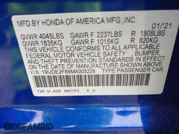 2021 Acura ILX Premium with VIN 19UDE2F89MA005226, listed as a IAAI auction lot 42512465 with 61,257 mi miles and . Bid and sale history available at DreamBid. Image 9.