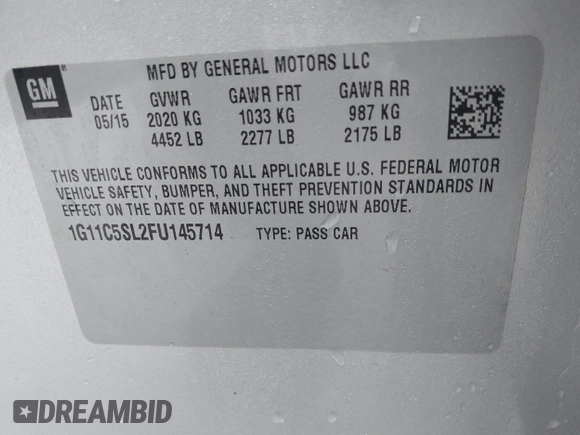 2015 Chevrolet Malibu LT with VIN 1G11C5SL2FU145714, listed as a IAAI auction lot 41554433 with 117,754 mi miles and . Bid and sale history available at DreamBid. Image 9.