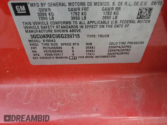 2014 Chevrolet Silverado 1500 LT with VIN 3GCUKREC9EG239715, listed as a Copart auction lot 55322815 with 80,122 mi miles and Salvage Title. Bid and sale history available at DreamBid. Image 12.