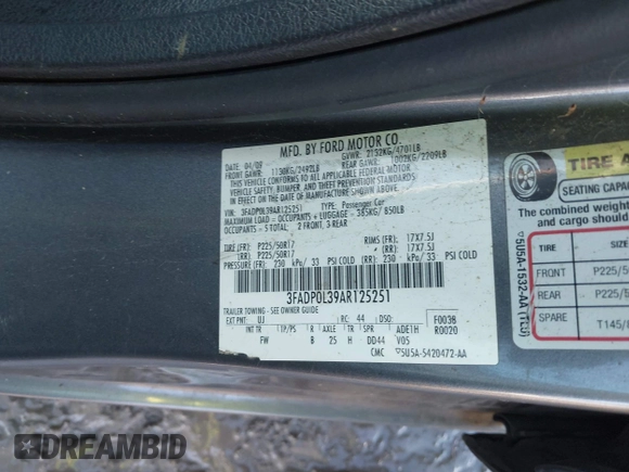 2010 Ford Fusion Hybrid with VIN 3FADP0L39AR125251, listed as a IAAI auction lot 41100606 with 235,612 mi miles. Bid and sale history available at carsss.com. Image 9.