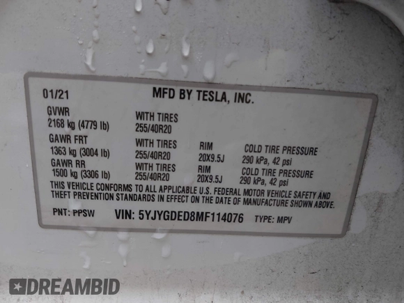 2021 Tesla Model Y Standard Range with VIN 5YJYGDED8MF114076, listed as a IAAI auction lot 41567295 with 150,133 mi miles and . Bid and sale history available at DreamBid. Image 9.
