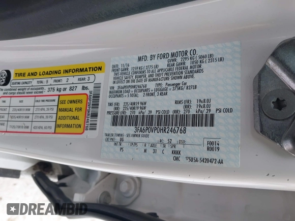 2017 Ford Fusion Sport with VIN 3FA6P0VP0HR246768, listed as a IAAI auction lot 41593508 with 95,027 mi miles. Bid and sale history available at carsss.com. Image 9.