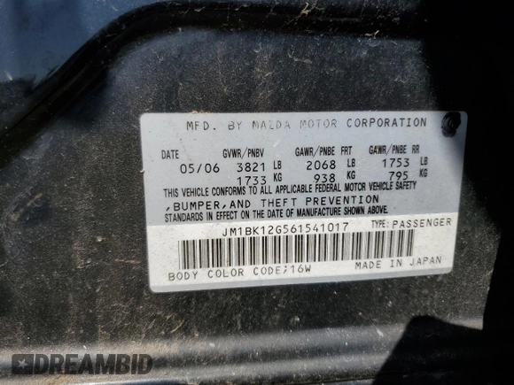 2006 Mazda Mazda3 i with VIN JM1BK12G561541017, listed as a Copart auction lot 74117774 with Not Provided miles and Salvage Title. Bid and sale history available at carsss.com. Image 12.