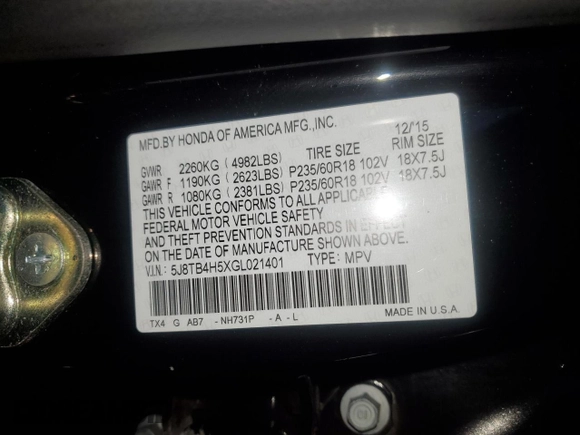 2016 Acura RDX Tech Pkg with VIN 5J8TB4H5XGL021401, listed as a Copart auction lot 81552974 with 79,327 mi miles and Salvage Title. Bid and sale history available at carsss.com. Image 13.