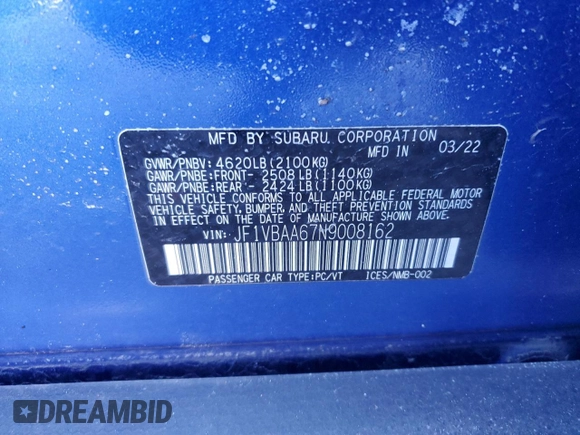 2022 Subaru WRX with VIN JF1VBAA67N9008162, listed as a Copart auction lot 45800615 with 56,003 mi miles and Salvage Title. Bid and sale history available at carsss.com. Image 15.