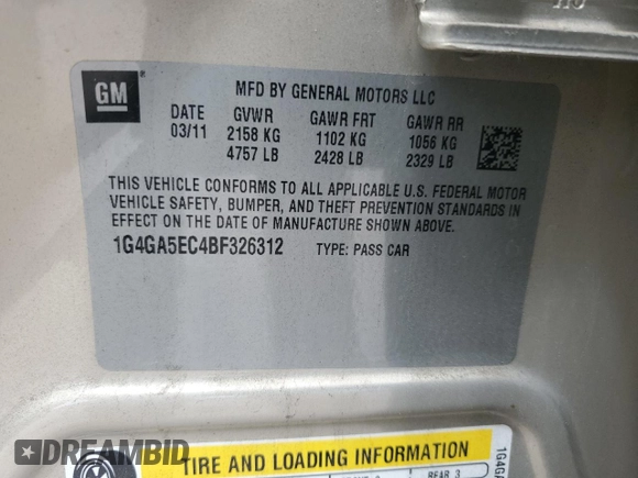 2011 Buick LaCrosse CX with VIN 1G4GA5EC4BF326312, listed as a Copart auction lot 56131095 with 52,316 mi miles and Salvage title. Bid and sale history available at DreamBid. Image 13.