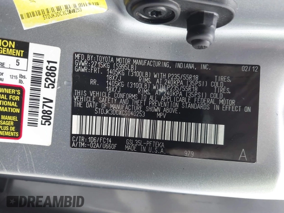 2012 Toyota Sienna LE with VIN 5TDJK3DCXCS040253, listed as a IAAI auction lot 41957623 with 164,780 mi miles. Bid and sale history available at carsss.com. Image 9.