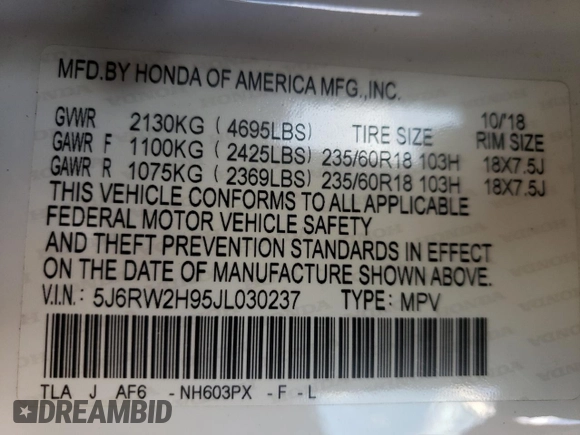 2018 Honda CR-V Touring with VIN 5J6RW2H95JL030237, listed as a Copart auction lot 44001415 with 55,575 mi miles and Salvage Title. Bid and sale history available at DreamBid. Image 14.