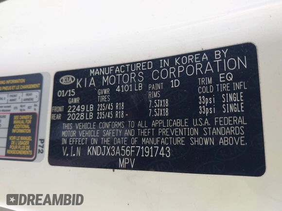 2015 Kia Soul + with VIN KNDJX3A56F7191743, listed as a IAAI auction lot 40551749 with 68,852 mi miles and . Bid and sale history available at DreamBid. Image 9.