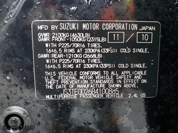 2011 Suzuki Grand Vitara Premium with VIN JS3TE0D26B4100885, listed as a Copart auction lot 88070405 with 175,694 mi miles and Salvage Title. Bid and sale history available at carsss.com. Image 13.