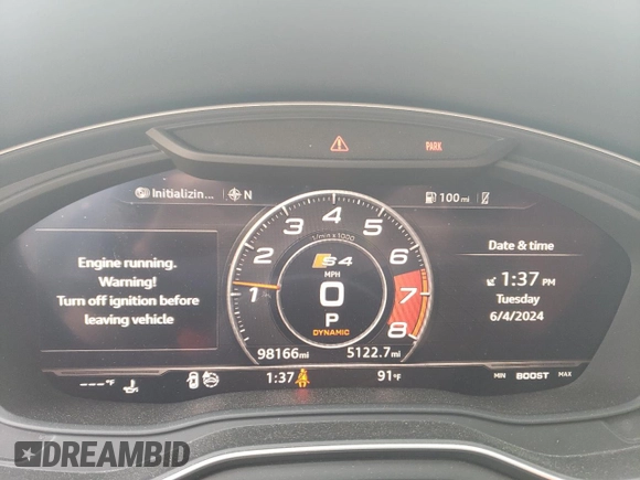 2018 Audi S4 Premium Plus with VIN WAUB4AF47JA001233, listed as a Copart auction lot 57432894 with 98,166 mi miles. Bid and sale history available at carsss.com. Image 9.