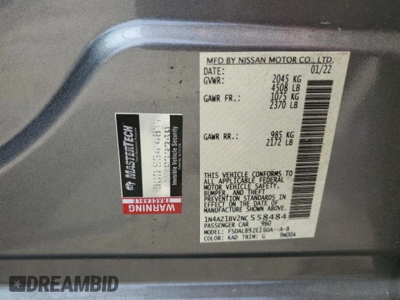 2022 Nissan LEAF S with VIN 1N4AZ1BV2NC558484, listed as a Copart auction lot 50522405 with 35,355 mi miles and Non Repairable. Bid and sale history available at DreamBid. Image 12.