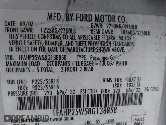 2008 Ford Taurus Limited with VIN 1FAHP25W58G138858, listed as a IAAI auction lot 42202399 with Not Provided miles and . Bid and sale history available at DreamBid. Image 9.