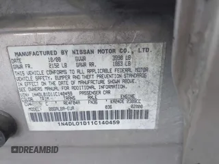 2001 Nissan Altima GXE z VIN 1N4DL01D11C140459, wystawiony jako IAAI lot #42268319 z przebiegiem 90 378 mil mil oraz . Historia ofert i sprzedaży dostępna na DreamBid. Obrazek 9.