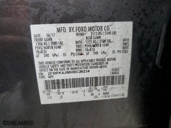 2017 Ford Edge SEL with VIN 2FMPK4J98HBC28234, listed as a Copart auction lot 42198525 with 0 mi miles and Non Repairable. Bid and sale history available at carsss.com. Image 14.
