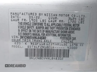 2022 Nissan Versa SV z VIN 3N1CN8EV4NL848302, wystawiony jako IAAI lot #41364363 z przebiegiem 18 556 mil mil oraz . Historia ofert i sprzedaży dostępna na DreamBid. Obrazek 9.