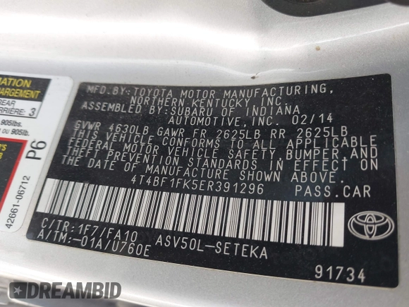 2014 Toyota Camry L with VIN 4T4BF1FK5ER391296, listed as a IAAI auction lot 41935100 with 177,571 mi miles. Bid and sale history available at carsss.com. Image 9.