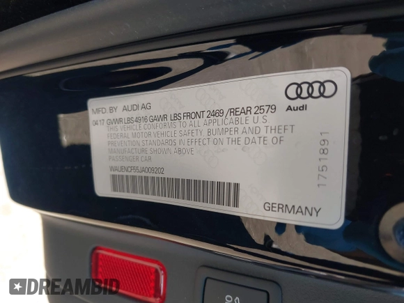2018 Audi A5 Sportback Premium Plus z VIN WAUENCF55JA009202, wystawiony jako IAAI lot #42218463 z przebiegiem 51 866 mil mil oraz . Historia ofert i sprzedaży dostępna na DreamBid. Obrazek 9.