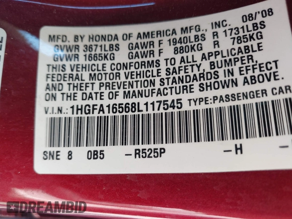 2008 Honda Civic LX with VIN 1HGFA16568L117545, listed as a IAAI auction lot 41698964 with 85,933 mi miles and . Bid and sale history available at DreamBid. Image 9.