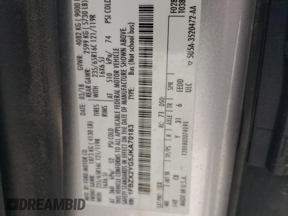 2018 Ford Transit Passenger XL with VIN 1FBZX2YG5JKA70183, listed as a Copart auction lot 49186465 with 130,795 mi miles and Salvage title. Bid and sale history available at DreamBid. Image 15.