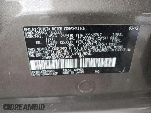 2012 Toyota RAV4 with VIN JTMBF4DV1C5054807, listed as a Copart auction lot 53132355 with 185,373 mi miles and Salvage Title. Bid and sale history available at carsss.com. Image 12.