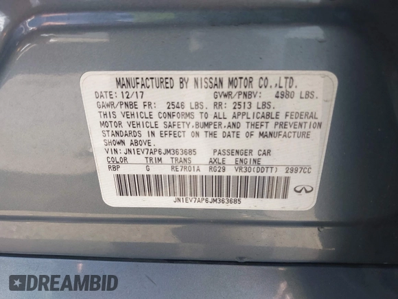 2018 Infiniti Q50 Luxe with VIN JN1EV7AP6JM363685, listed as a IAAI auction lot 42246139 with 42,375 mi miles and . Bid and sale history available at DreamBid. Image 9.