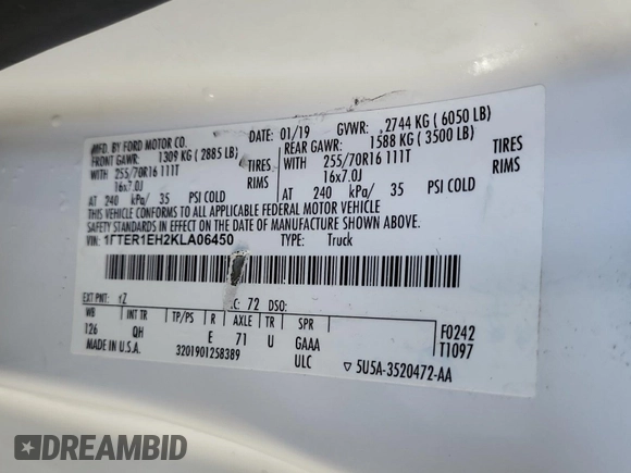 2019 Ford Ranger XL with VIN 1FTER1EH2KLA06450, listed as a IAAI auction lot 42763047 with 87,026 mi miles and . Bid and sale history available at DreamBid. Image 45.