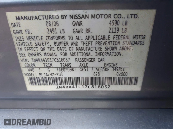 2007 Nissan Maxima 3.5 SE with VIN 1N4BA41E17C816057, listed as a IAAI auction lot 41863796 with 208,660 mi miles. Bid and sale history available at carsss.com. Image 9.