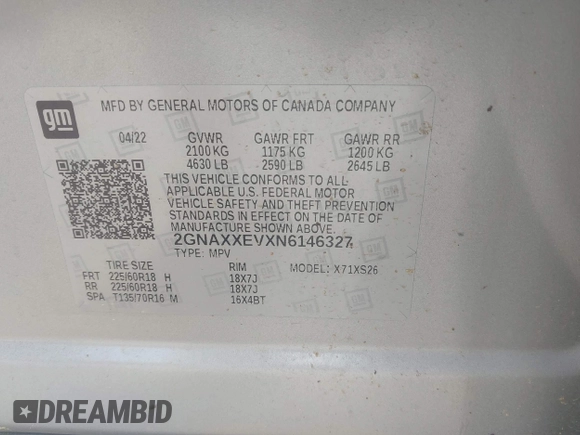 2022 Chevrolet Equinox Premier z VIN 2GNAXXEVXN6146327, wystawiony jako IAAI lot #42294870 z przebiegiem 68 276 mil mil oraz . Historia ofert i sprzedaży dostępna na DreamBid. Obrazek 9.